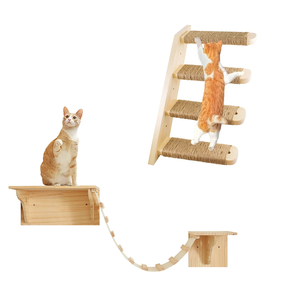 Wooden Cat Wall Climbing System - Modular Shelves & Scratching Posts with Sisal Rope
