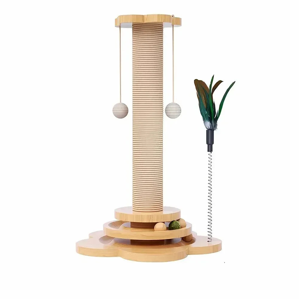 Natural Sisal Cat Scratching Post with Interactive Toy - Multi-Level Wooden Cat Furniture
