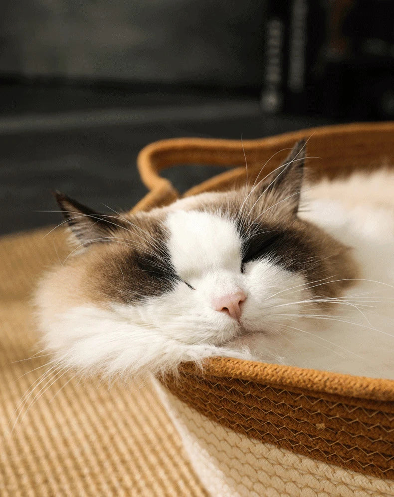 Handwoven Rattan Cat Bed - Natural Eco-Friendly Pet Basket with Removable Washable Cushion & Scratch-Resistant Base