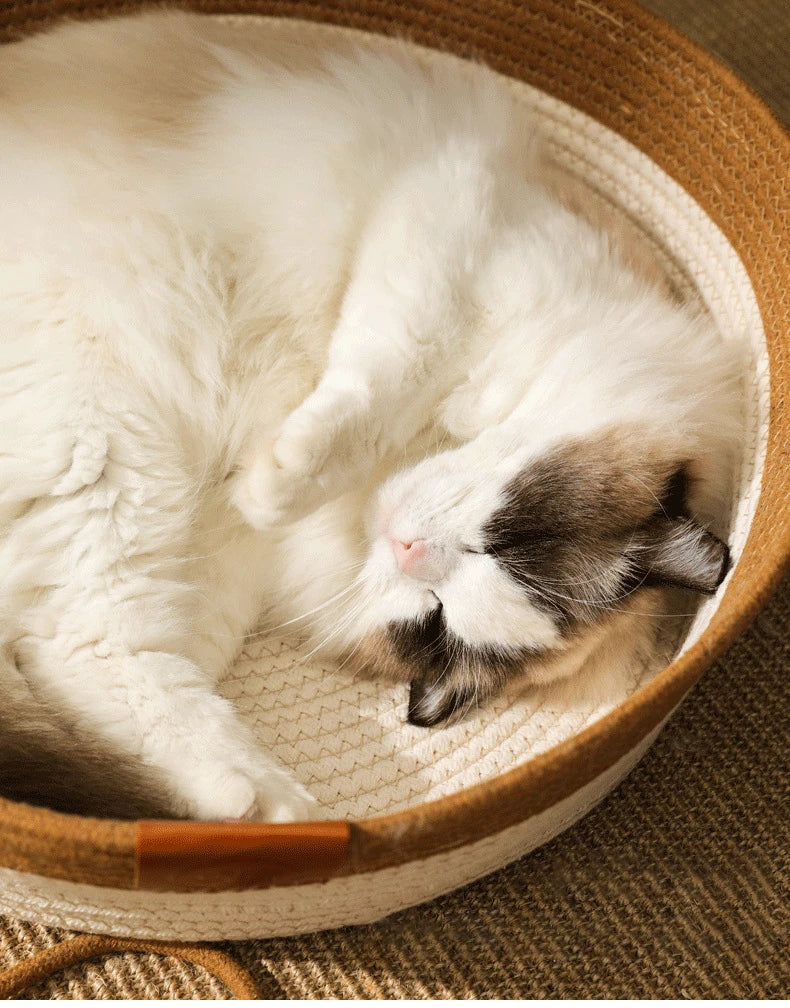 Handwoven Rattan Cat Bed - Natural Eco-Friendly Pet Basket with Removable Washable Cushion & Scratch-Resistant Base