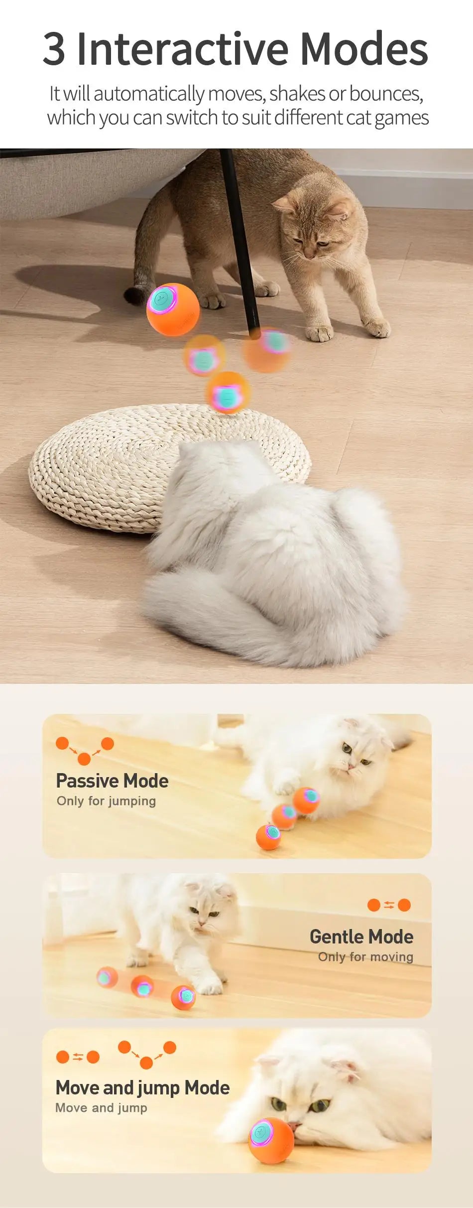 ROJECO Smart Interactive Cat Ball - Self-Rolling Electric Toy with LED Lights for Active Play & Exercise