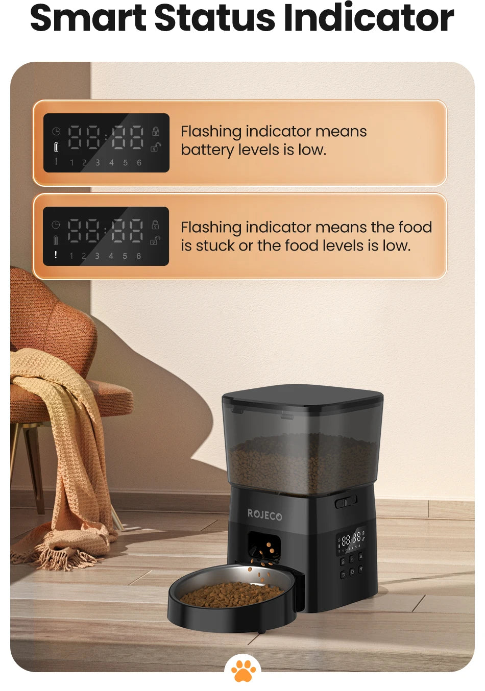 ROJECO Automatic Cat Feeder with LCD Display - Programmable Pet Food Dispenser for Cats and Dogs