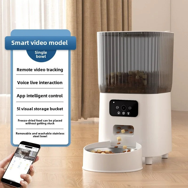 Smart WiFi Cat Feeder with HD Camera - 5L Automatic Pet Food Dispenser with Voice Control & Stainless Steel Bowl