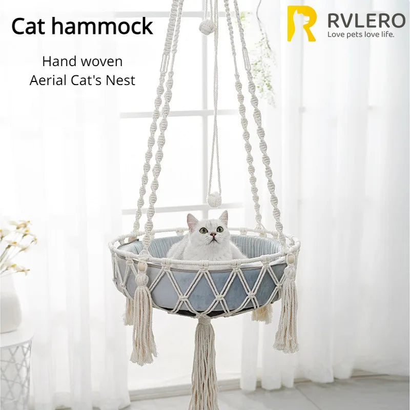 Handwoven Macramé Cat Hammock - Suspended Cotton Rope Basket with Cushion for Indoor Cats