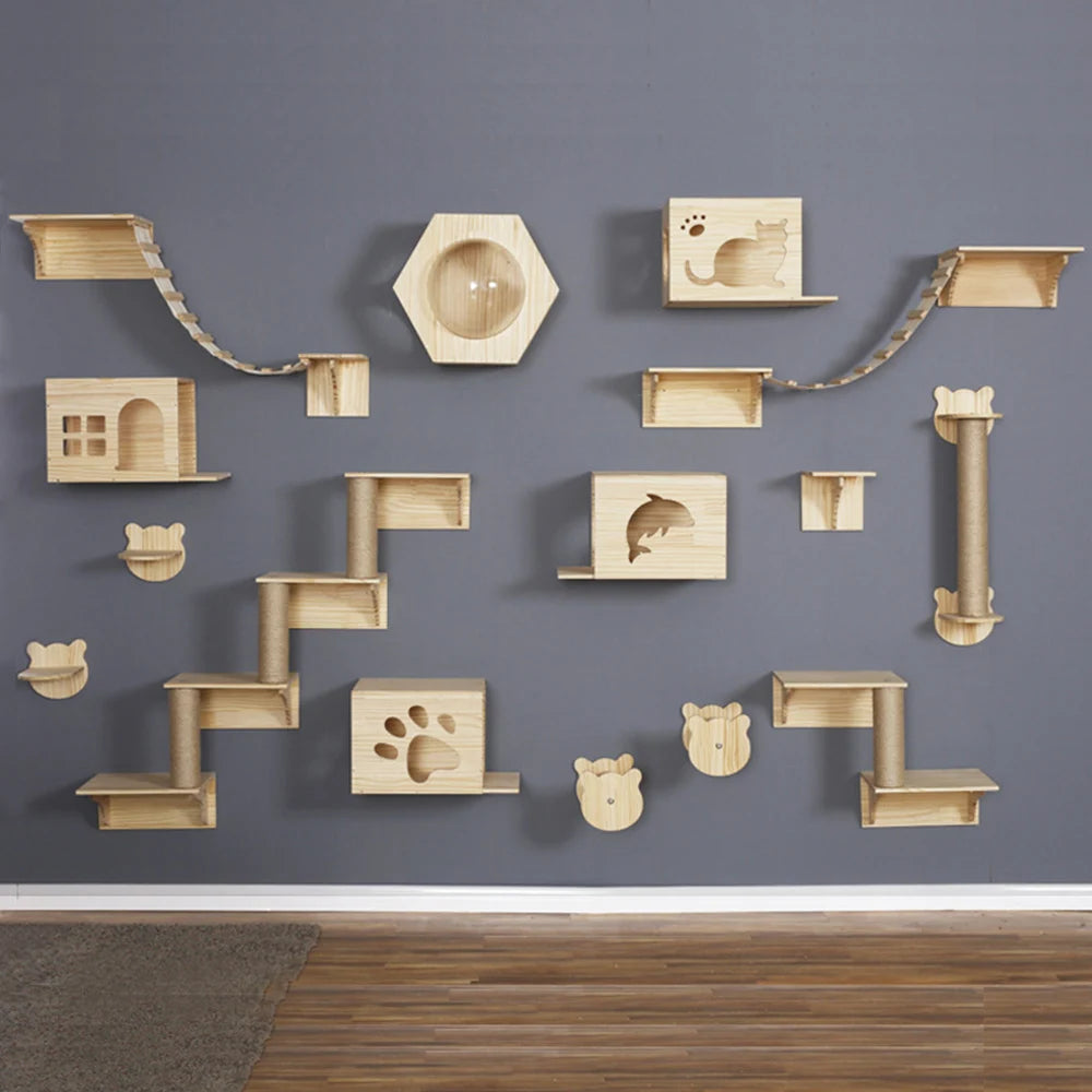 Wooden Cat Wall Climbing System - Modular Shelves & Scratching Posts with Sisal Rope