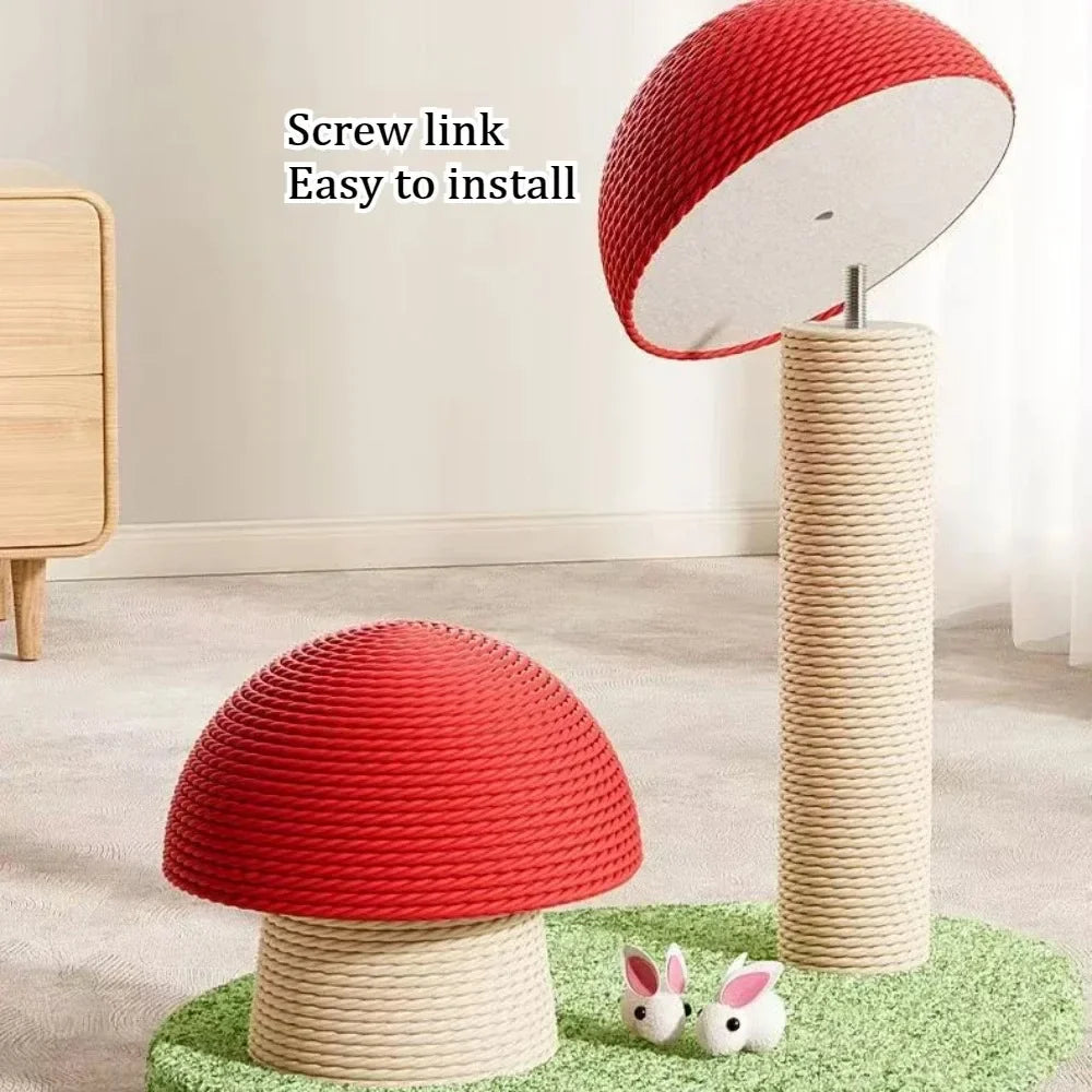 Red Mushroom Cat Scratching Post - Sisal Climbing Tower with Natural Rope Wrapping