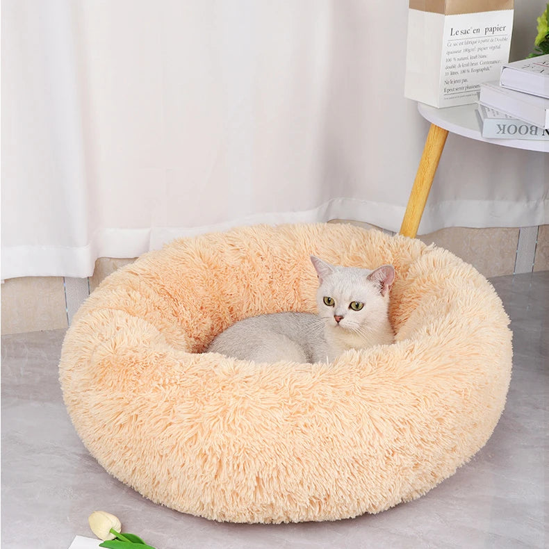 Luxurious Round Plush Cat Bed - Cosy Donut Design with Removable Washable Cover