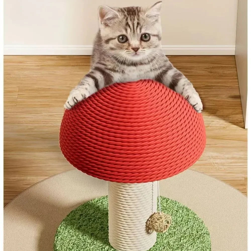 Red Mushroom Cat Scratching Post - Sisal Climbing Tower with Natural Rope Wrapping