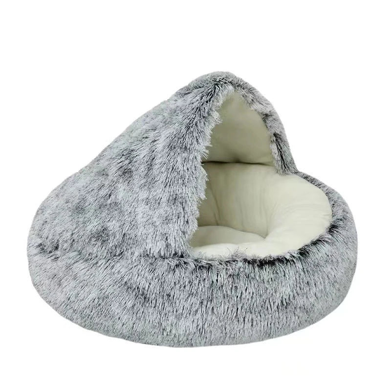 2-in-1 Plush Cave Cat Bed - Convertible Hooded Pet Nest with Removable Cover for Small Cats & Dogs