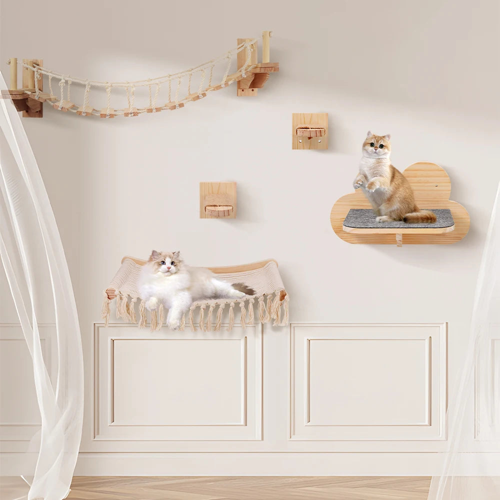 Premium Wall-Mounted Cat Climbing System - Hand-Woven Macramé Hammock with Detachable Wooden Platforms