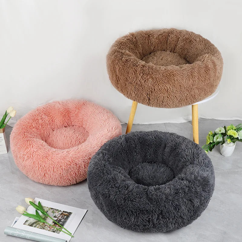 Luxurious Round Plush Cat Bed - Cosy Donut Design with Removable Washable Cover