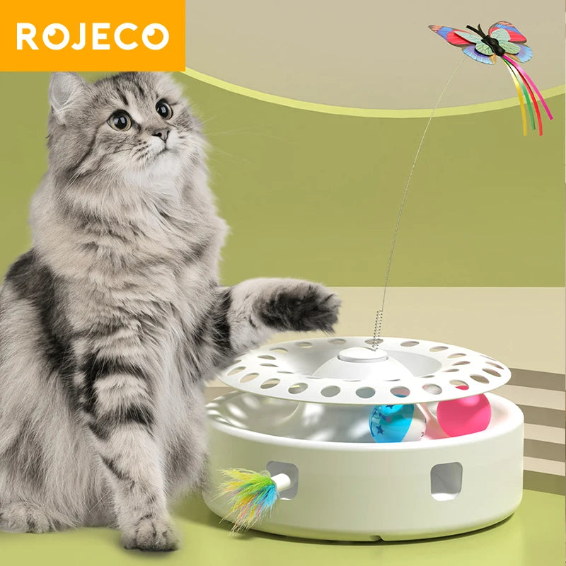 ROJECO 3-in-1 Automatic Interactive Cat Toy - Wireless Feather Teaser with Track Ball and Ambush Play Station for Indoor Cats