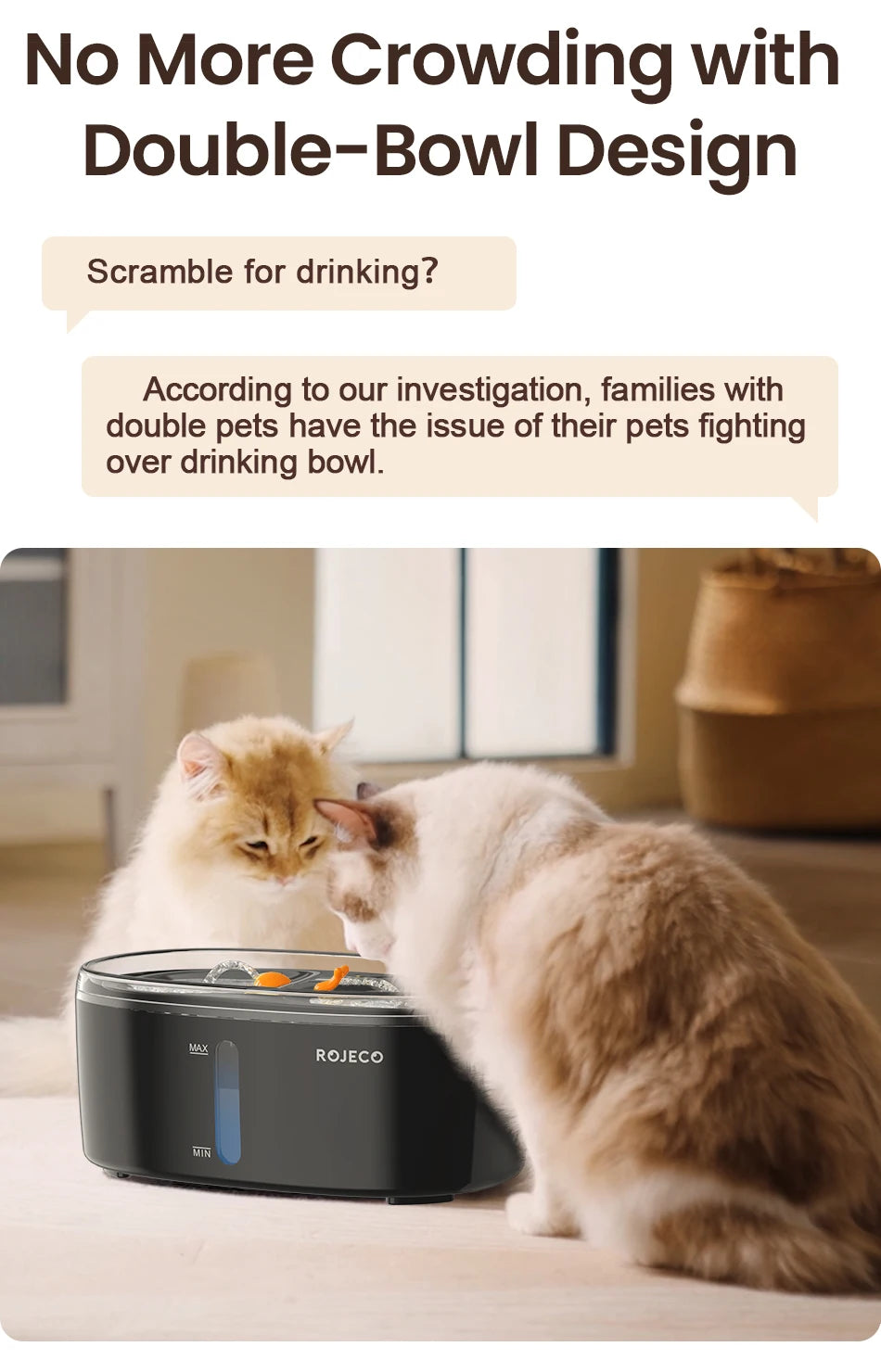 ROJECO 2.5L Automatic Cat Water Fountain - Dual Bowl Wireless Pet Drinking Fountain with Ultra-Quiet Pump for Cats or Small Dogs