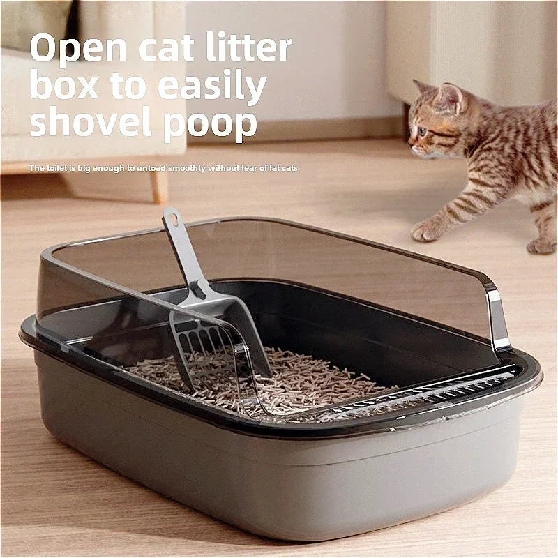 Semi-Enclosed Cat Litter Tray with High Splash Guards & Free Scoop - Easy Clean Open Top Design