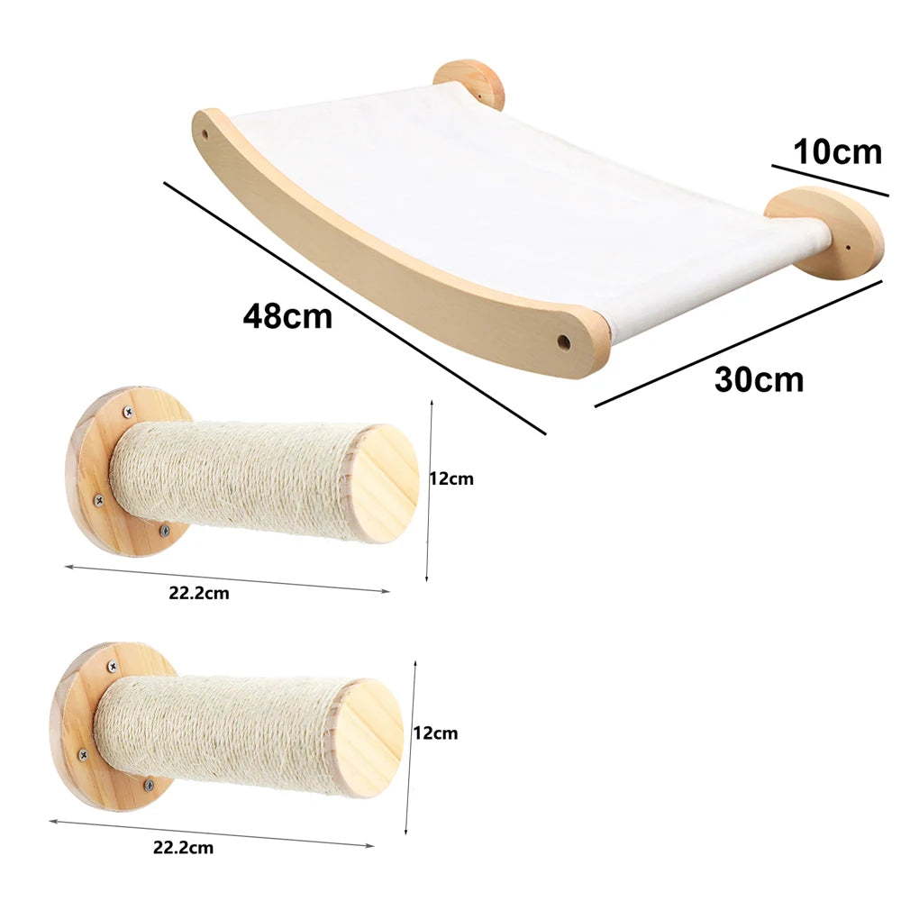 Modular Wall-Mounted Cat Climbing System - Wooden Cat Tree Shelves with Hammocks & Scratching Posts