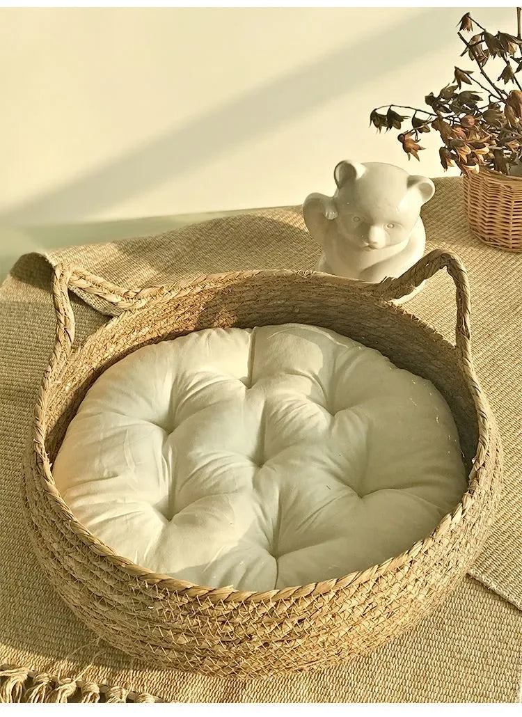 Handwoven Natural Cat Bed - Removable Cushion with Year-Round Comfort & Easy-Wash Design