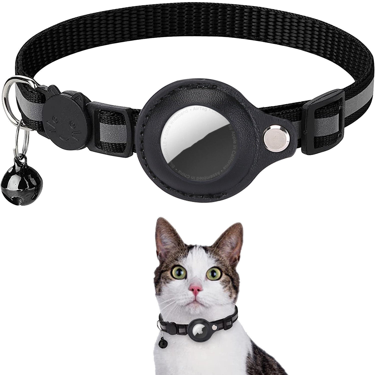 AirTag Cat Collar with Breakaway Safety Buckle - Reflective Adjustable Collar with Bell and Secure Tracker Holder