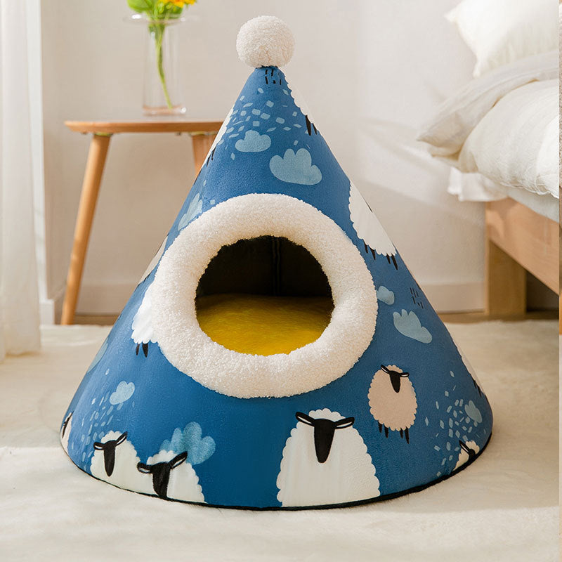 Cozy Triangle Tent Cat House - Plush Yurt-Style Hideaway with Soft Pillow