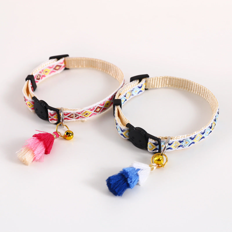 Boho Chic Double-Layer Cat Collar with Colourful Tassels & Safety Bell