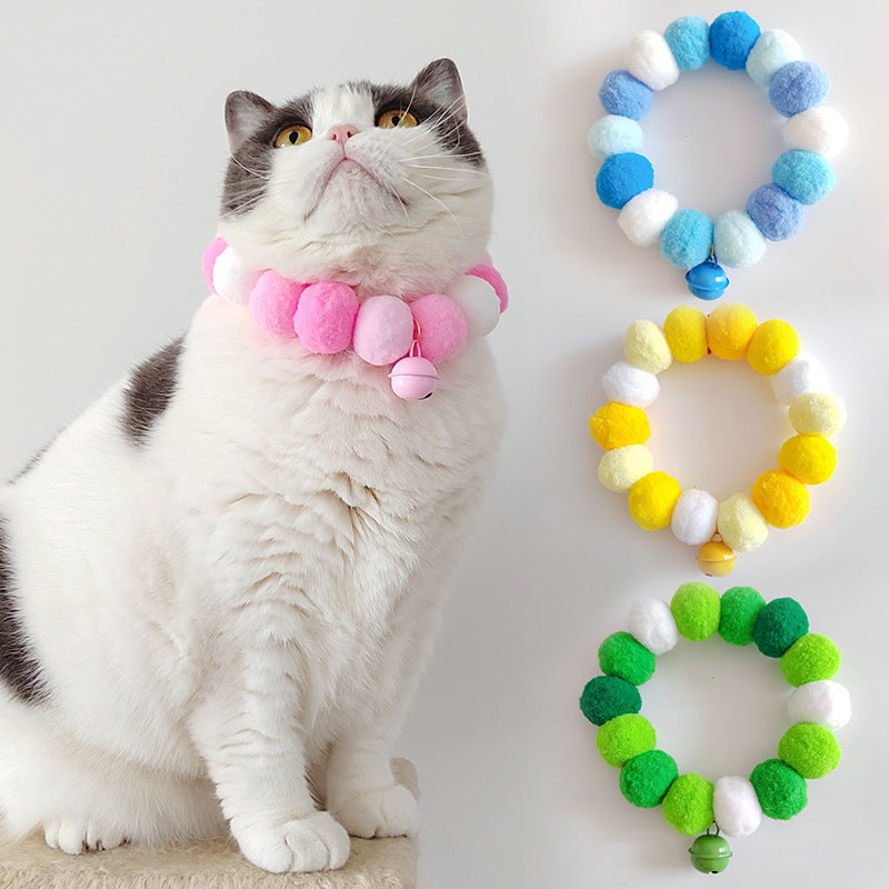 Adorable Pom Pom Cat Collar with Bell - Fluffy Gradient Color Party Collar