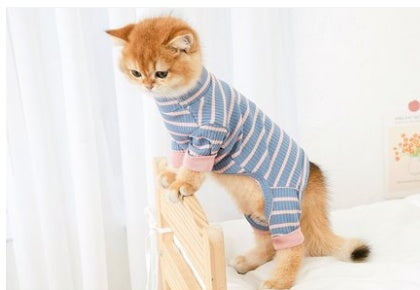 Four-Sleeve Striped Cat Outfit - Full Coverage Casual Wear with Bold Patterns