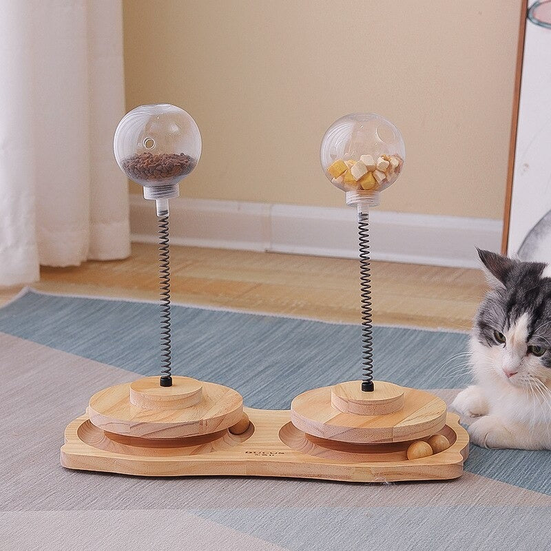 Interactive Cat Treat Dispenser - Wobble Spring Toy with Natural Wood Base