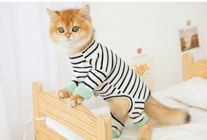 Four-Sleeve Striped Cat Outfit - Full Coverage Casual Wear with Bold Patterns