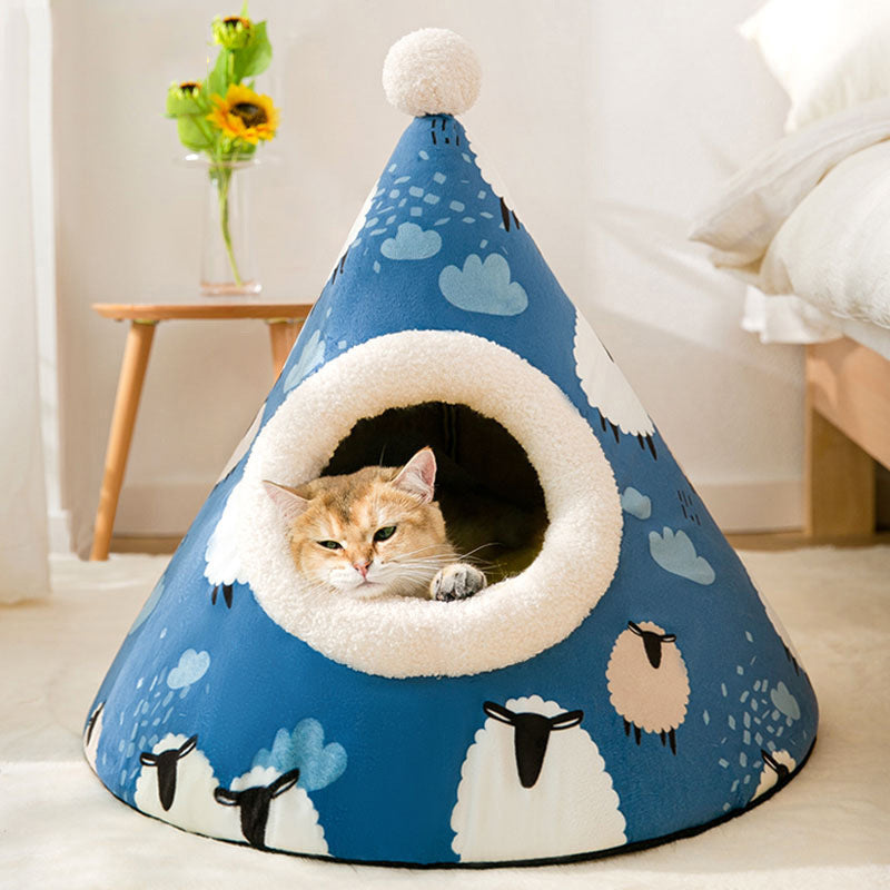 Cozy Triangle Tent Cat House - Plush Yurt-Style Hideaway with Soft Pillow