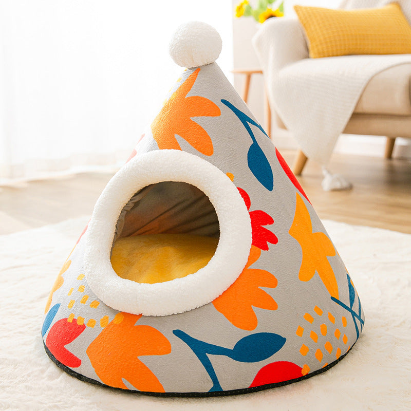 Cozy Triangle Tent Cat House - Plush Yurt-Style Hideaway with Soft Pillow